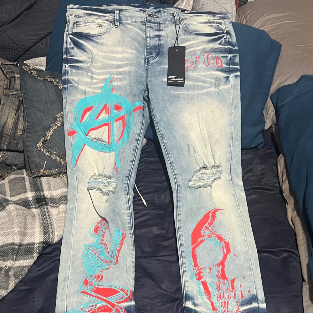 Men's Slim Jeans with Distressed Design - Blue and Red